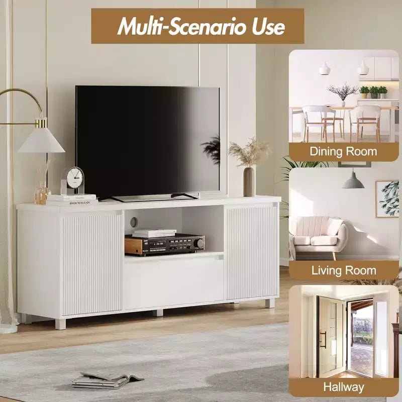 Meuble TV blanc pour téléviseurs jusqu'à 70 pouces, meuble TV en bois avec tiroir et 2 armoires de rangement pour salon, chambre à coucher