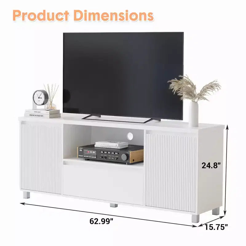 Meuble TV blanc pour téléviseurs jusqu'à 70 pouces, meuble TV en bois avec tiroir et 2 armoires de rangement pour salon, chambre à coucher