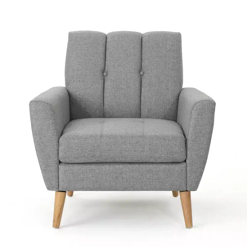 Fauteuil club capitonné en tissu avec passepoil et coutures verticales, style Mid-Century