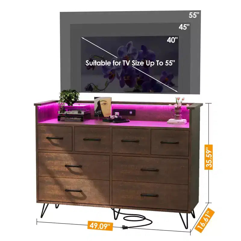 Commode avec prise électrique et lumières LED, commode en bois à 8 tiroirs pour chambre à coucher, commode moderne pour placard, salon