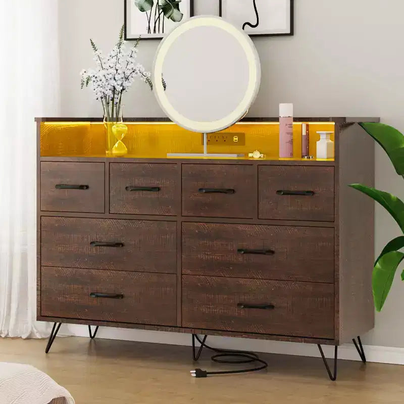 Commode avec prise électrique et lumières LED, commode en bois à 8 tiroirs pour chambre à coucher, commode moderne pour placard, salon