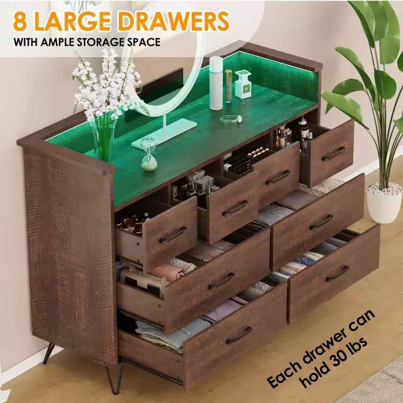 Commode avec prise électrique et lumières LED, commode en bois à 8 tiroirs pour chambre à coucher, commode moderne pour placard, salon