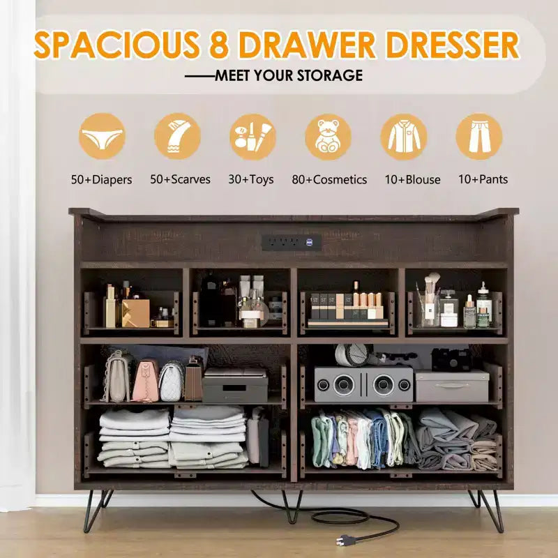 Commode avec prise électrique et lumières LED, commode en bois à 8 tiroirs pour chambre à coucher, commode moderne pour placard, salon