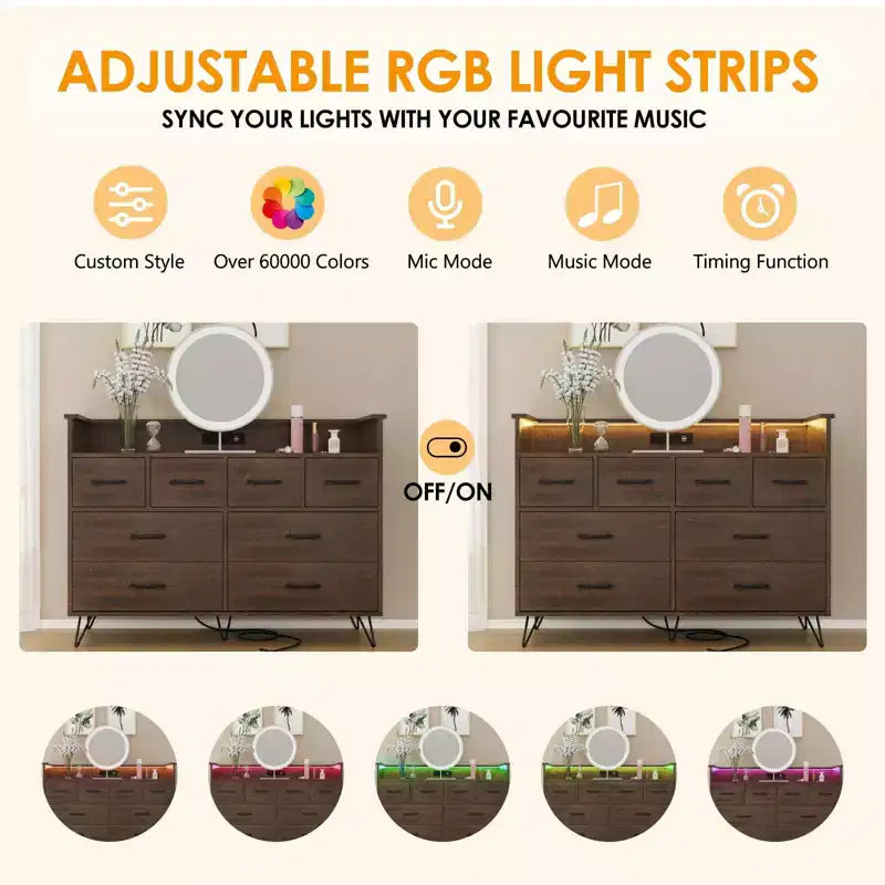Commode avec prise électrique et lumières LED, commode en bois à 8 tiroirs pour chambre à coucher, commode moderne pour placard, salon