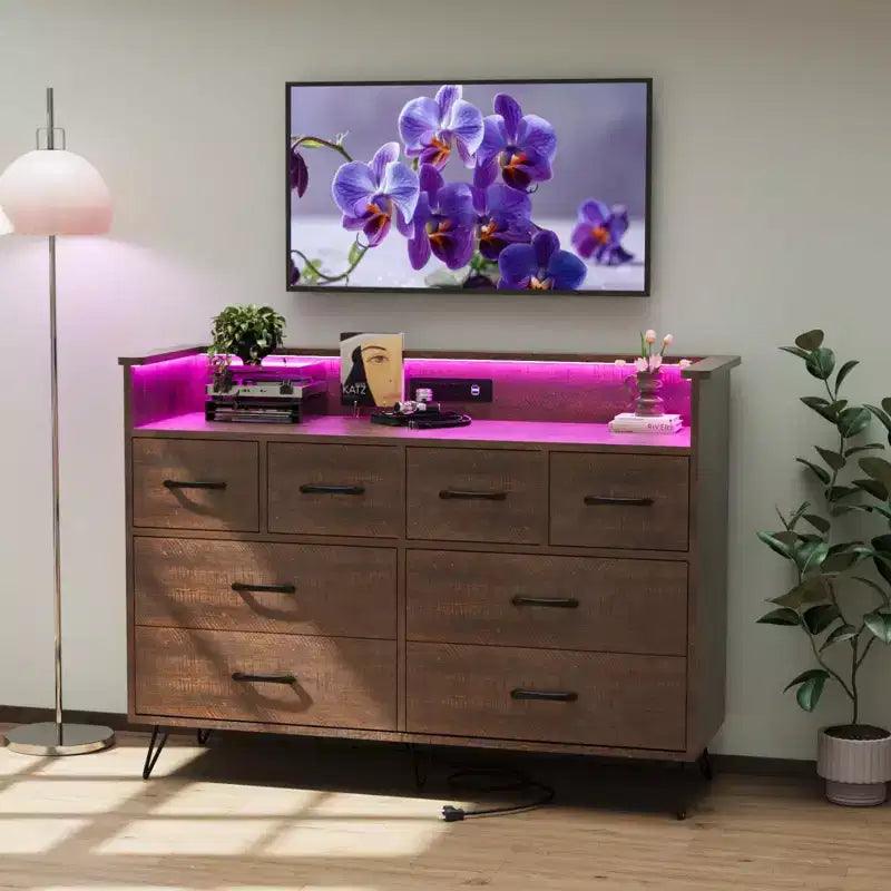 Commode avec prise électrique et lumières LED, commode en bois à 8 tiroirs pour chambre à coucher, commode moderne pour placard, salon