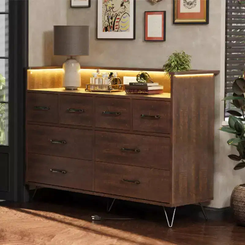 Commode avec prise électrique et lumières LED, commode en bois à 8 tiroirs pour chambre à coucher, commode moderne pour placard, salon