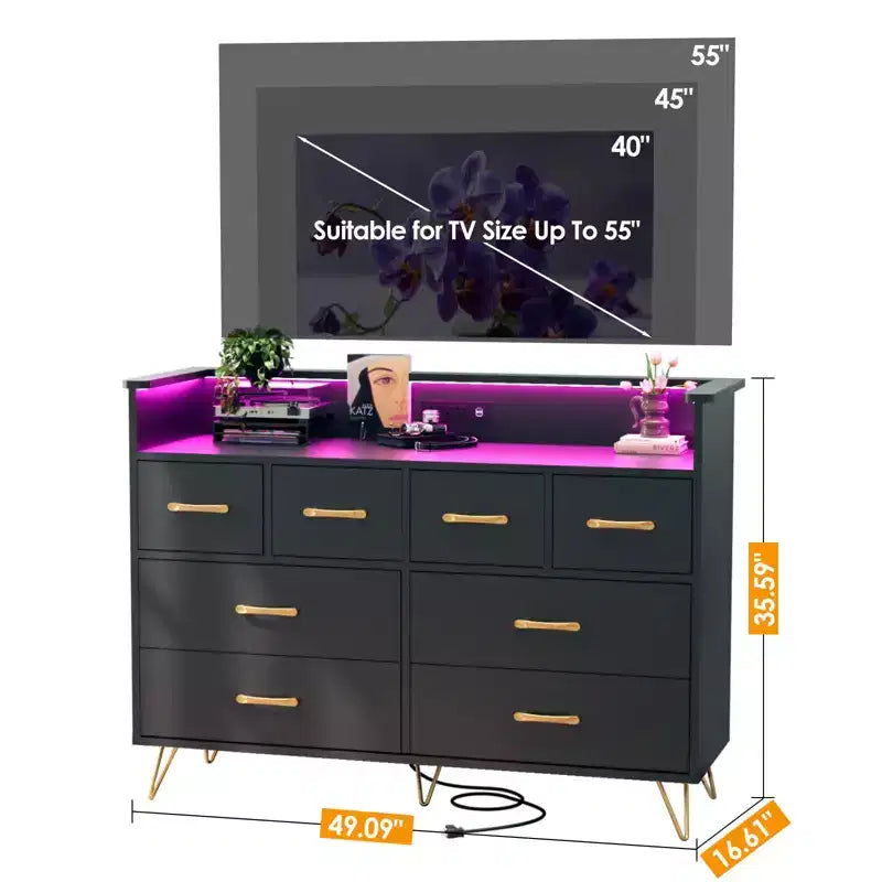 Commode avec prise électrique et lumières LED, commode en bois à 8 tiroirs pour chambre à coucher, commode moderne pour placard, salon
