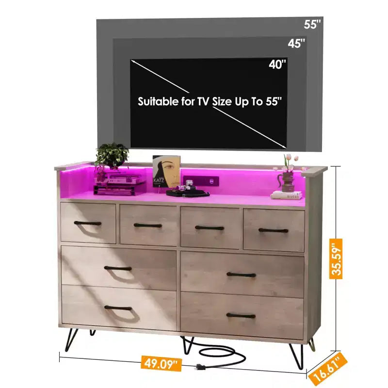 Commode avec prise électrique et lumières LED, commode en bois à 8 tiroirs pour chambre à coucher, commode moderne pour placard, salon