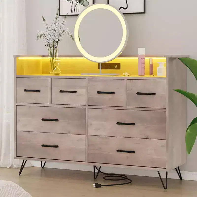 Commode avec prise électrique et lumières LED, commode en bois à 8 tiroirs pour chambre à coucher, commode moderne pour placard, salon