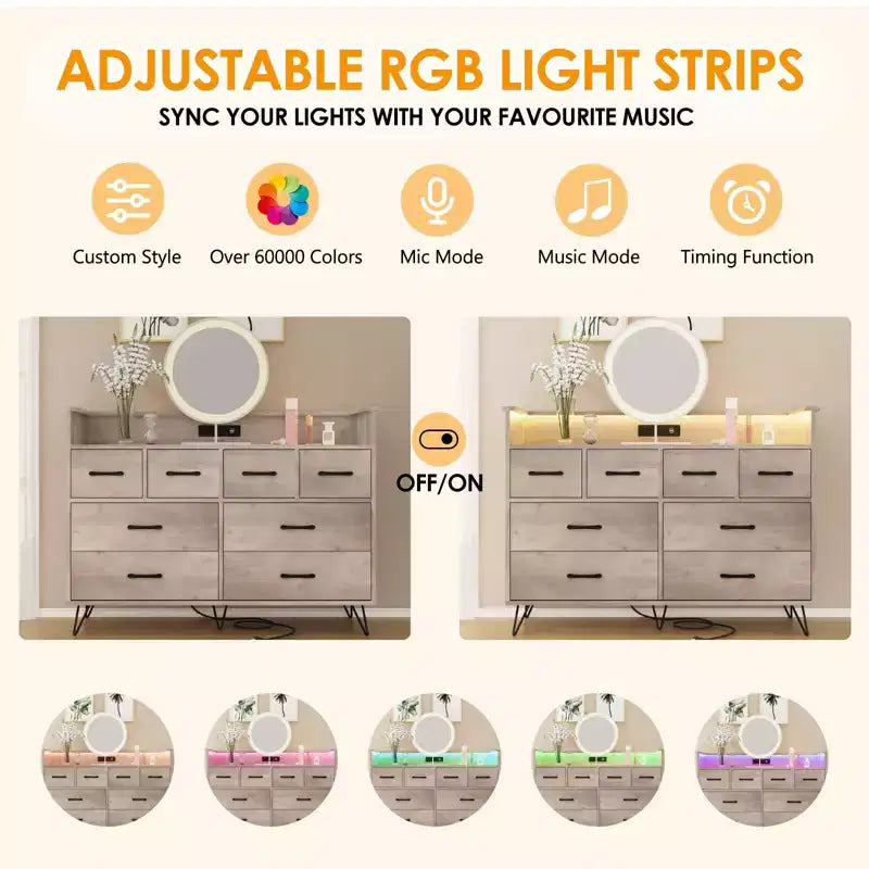 Commode avec prise électrique et lumières LED, commode en bois à 8 tiroirs pour chambre à coucher, commode moderne pour placard, salon