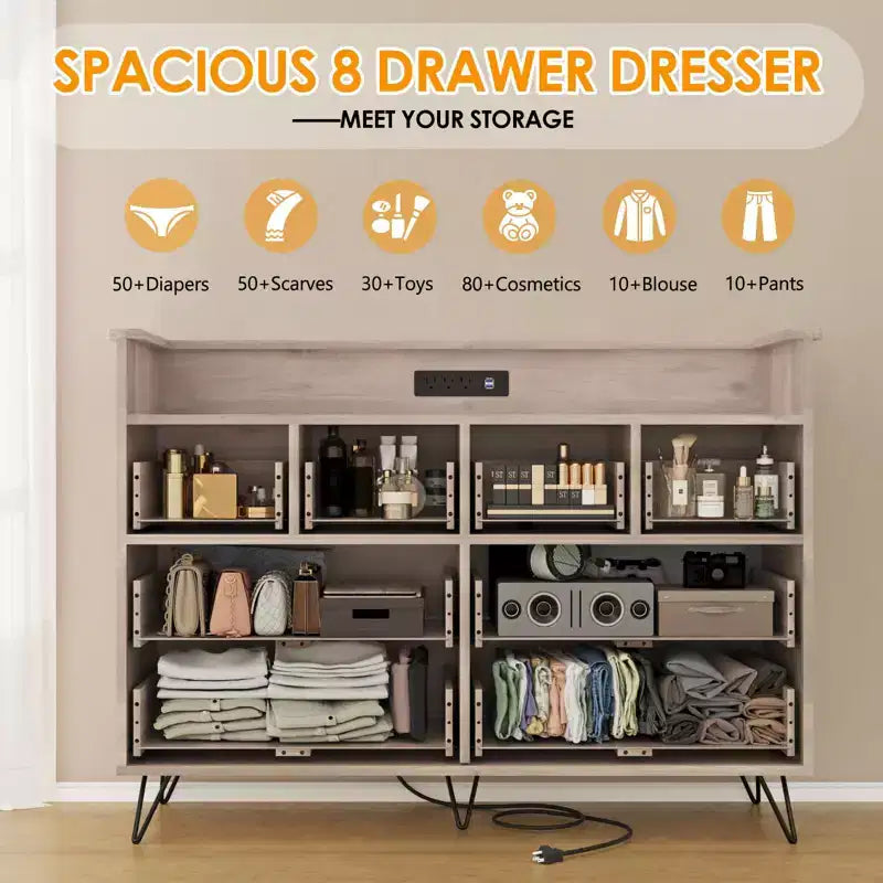 Commode avec prise électrique et lumières LED, commode en bois à 8 tiroirs pour chambre à coucher, commode moderne pour placard, salon