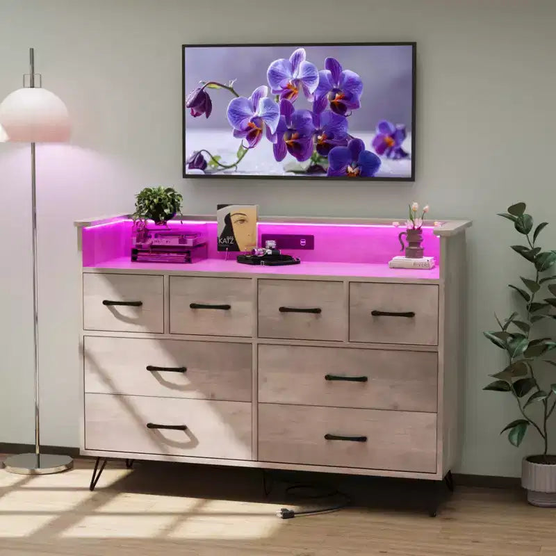 Commode avec prise électrique et lumières LED, commode en bois à 8 tiroirs pour chambre à coucher, commode moderne pour placard, salon