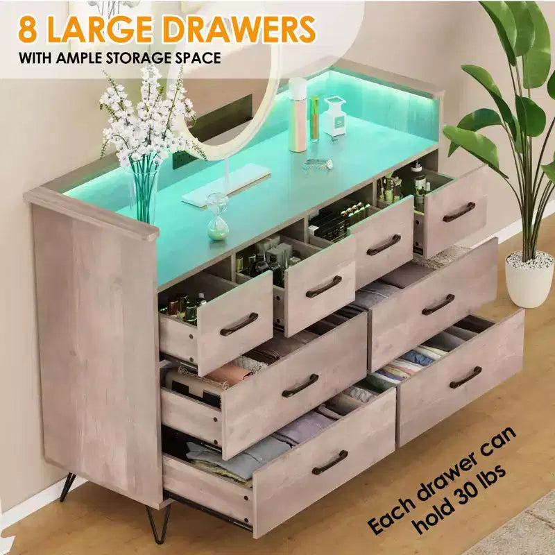Commode avec prise électrique et lumières LED, commode en bois à 8 tiroirs pour chambre à coucher, commode moderne pour placard, salon