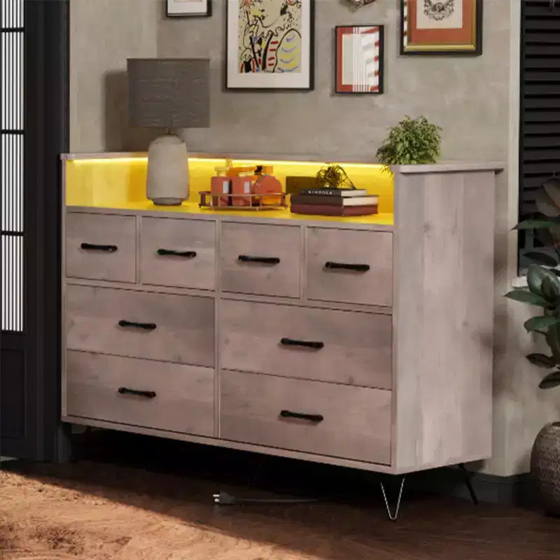 Commode avec prise électrique et lumières LED, commode en bois à 8 tiroirs pour chambre à coucher, commode moderne pour placard, salon