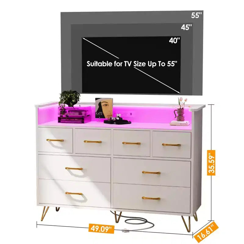 Commode avec prise électrique et lumières LED, commode en bois à 8 tiroirs pour chambre à coucher, commode moderne pour placard, salon