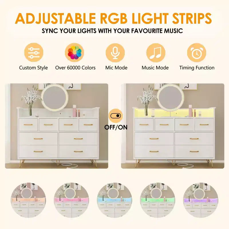 Commode avec prise électrique et lumières LED, commode en bois à 8 tiroirs pour chambre à coucher, commode moderne pour placard, salon