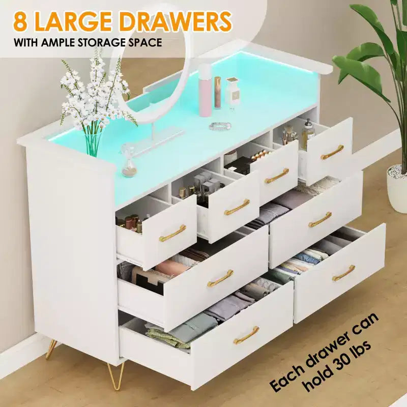 Commode avec prise électrique et lumières LED, commode en bois à 8 tiroirs pour chambre à coucher, commode moderne pour placard, salon