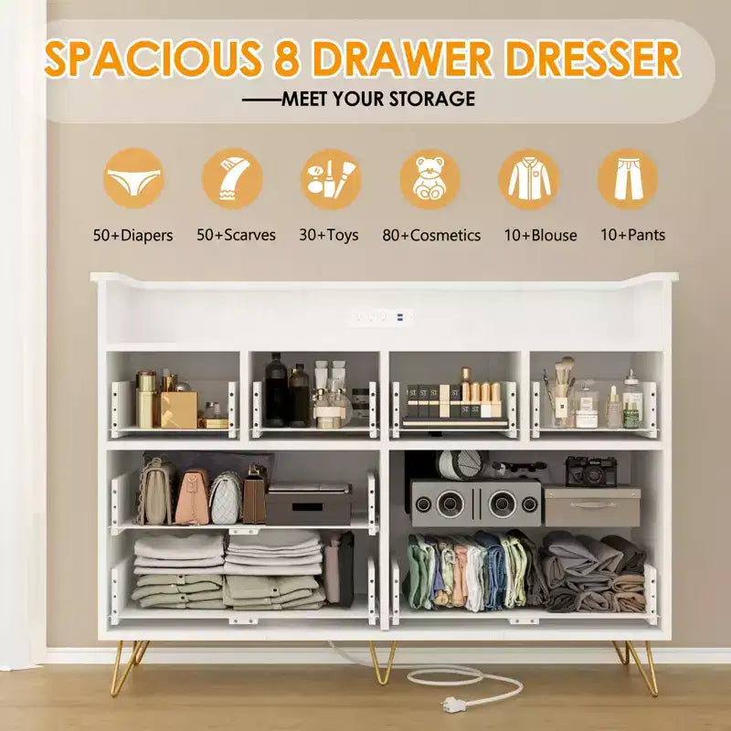 Commode avec prise électrique et lumières LED, commode en bois à 8 tiroirs pour chambre à coucher, commode moderne pour placard, salon
