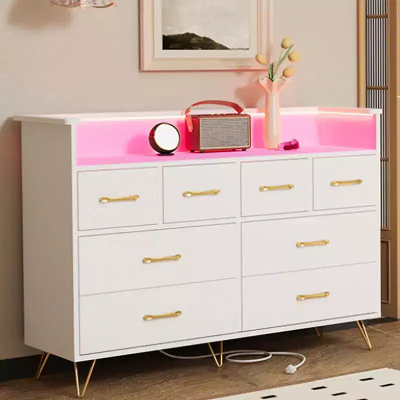 Commode avec prise électrique et lumières LED, commode en bois à 8 tiroirs pour chambre à coucher, commode moderne pour placard, salon