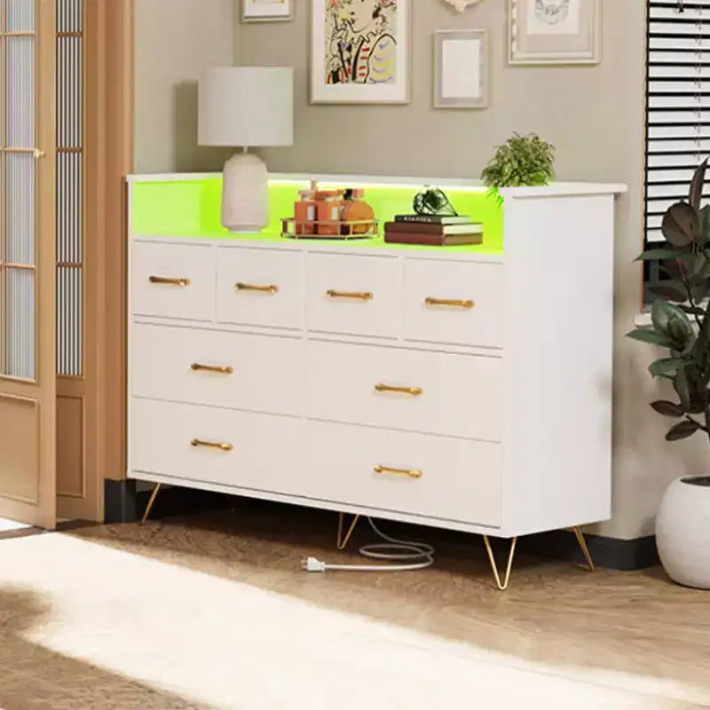 Commode avec prise électrique et lumières LED, commode en bois à 8 tiroirs pour chambre à coucher, commode moderne pour placard, salon
