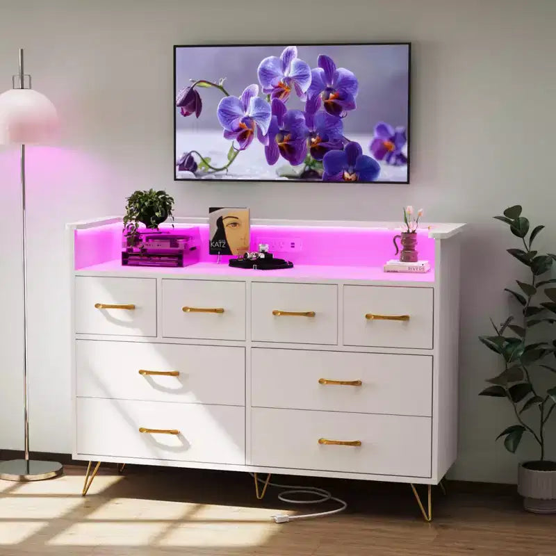 Commode avec prise électrique et lumières LED, commode en bois à 8 tiroirs pour chambre à coucher, commode moderne pour placard, salon