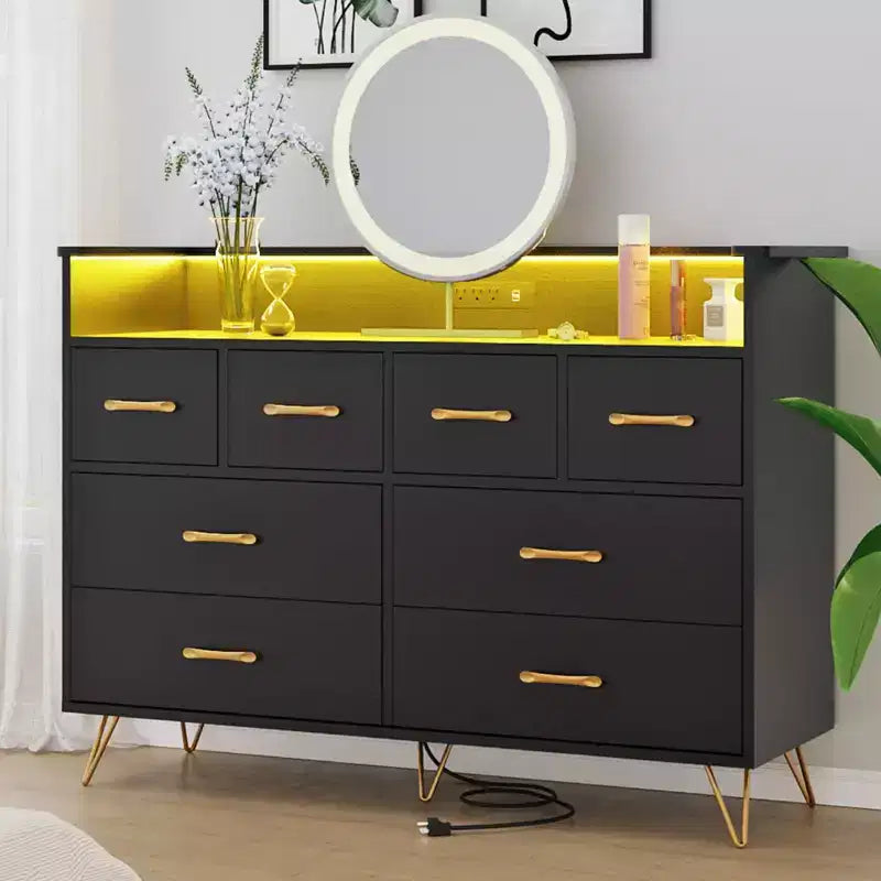 Commode avec prise électrique et lumières LED, commode en bois à 8 tiroirs pour chambre à coucher, commode moderne pour placard, salon