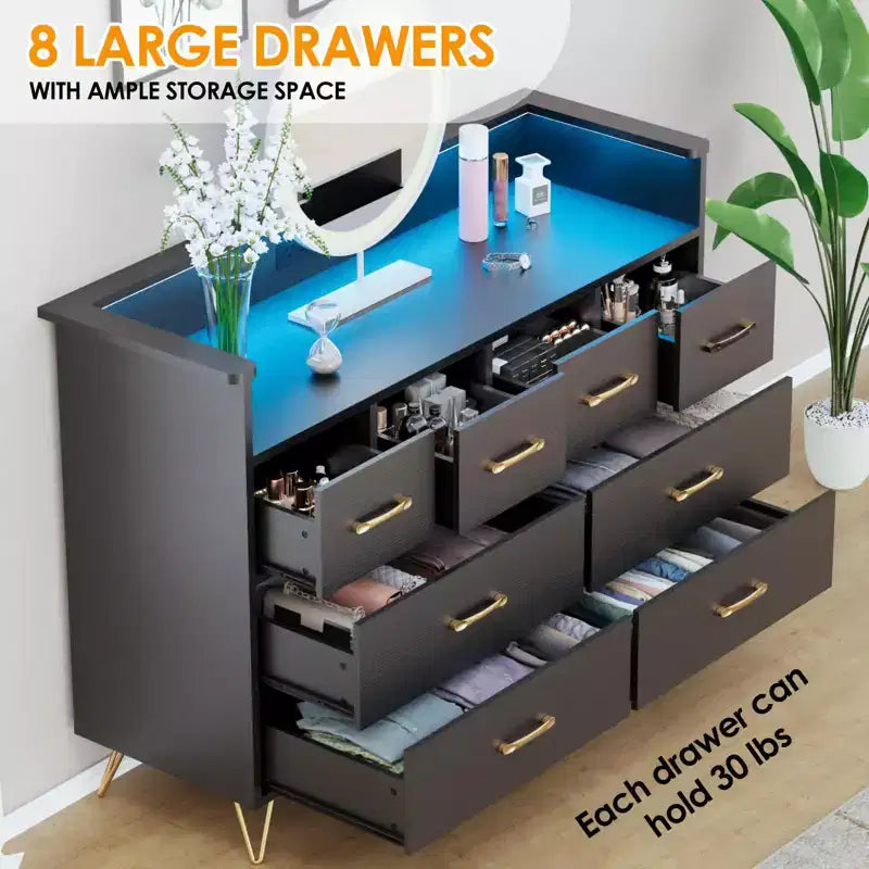 Commode avec prise électrique et lumières LED, commode en bois à 8 tiroirs pour chambre à coucher, commode moderne pour placard, salon