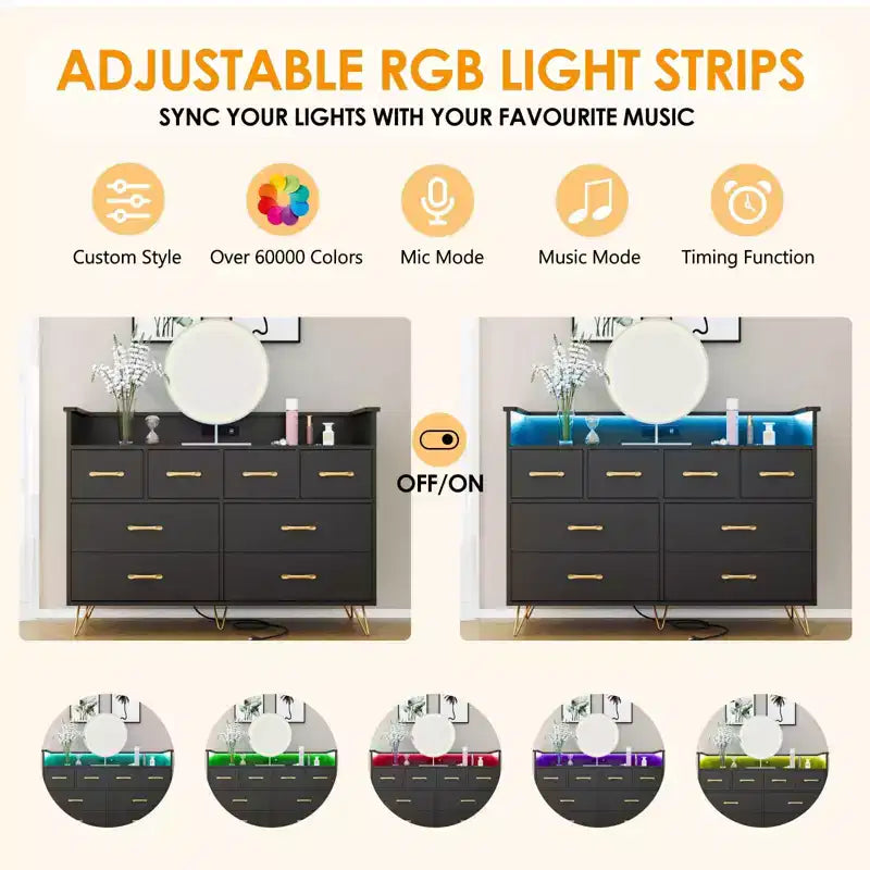 Commode avec prise électrique et lumières LED, commode en bois à 8 tiroirs pour chambre à coucher, commode moderne pour placard, salon