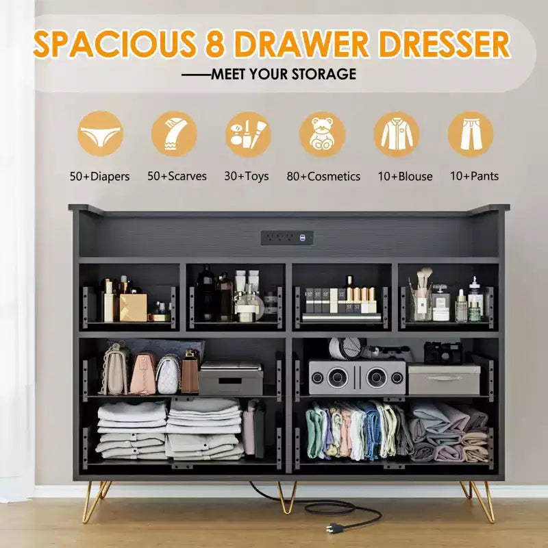 Commode avec prise électrique et lumières LED, commode en bois à 8 tiroirs pour chambre à coucher, commode moderne pour placard, salon