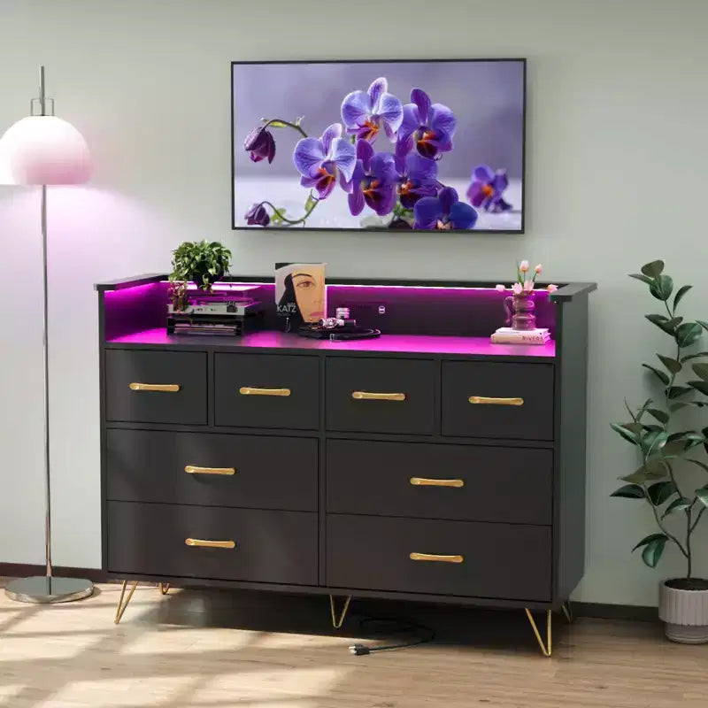 Commode avec prise électrique et lumières LED, commode en bois à 8 tiroirs pour chambre à coucher, commode moderne pour placard, salon