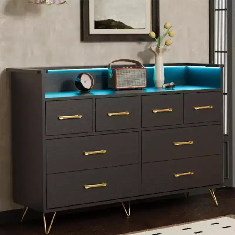 Dresser with Power Outlet and LED Lights, Wood 8 Drawer Dresser for Bedroom, Modern Chest of Drawers for Closet, Living Room
