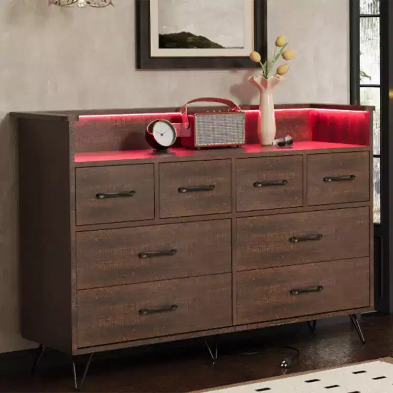 Commode avec prise électrique et lumières LED, commode en bois à 8 tiroirs pour chambre à coucher, commode moderne pour placard, salon
