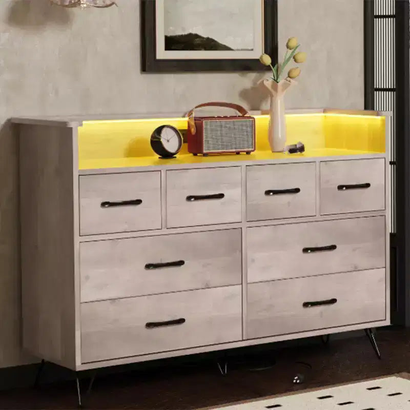 Commode avec prise électrique et lumières LED, commode en bois à 8 tiroirs pour chambre à coucher, commode moderne pour placard, salon