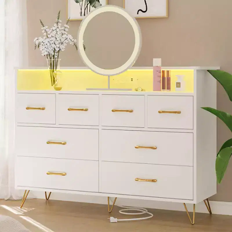 Commode avec prise électrique et lumières LED, commode en bois à 8 tiroirs pour chambre à coucher, commode moderne pour placard, salon