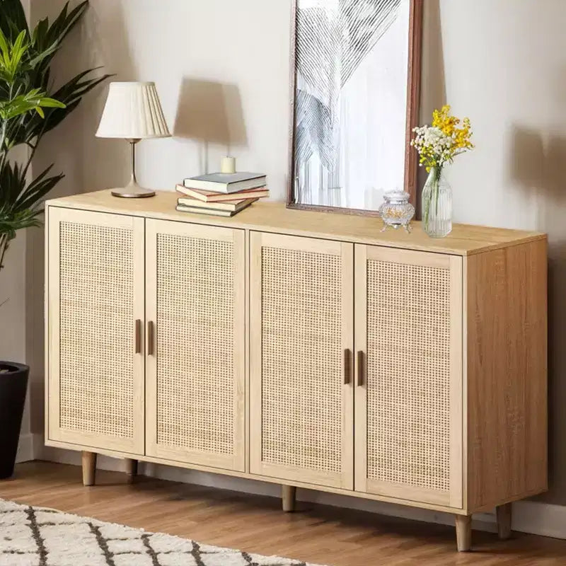 Buffet rustique décoratif en rotin avec 4 portes et étagères réglables, meuble de rangement fonctionnel pour cuisine et salle à manger