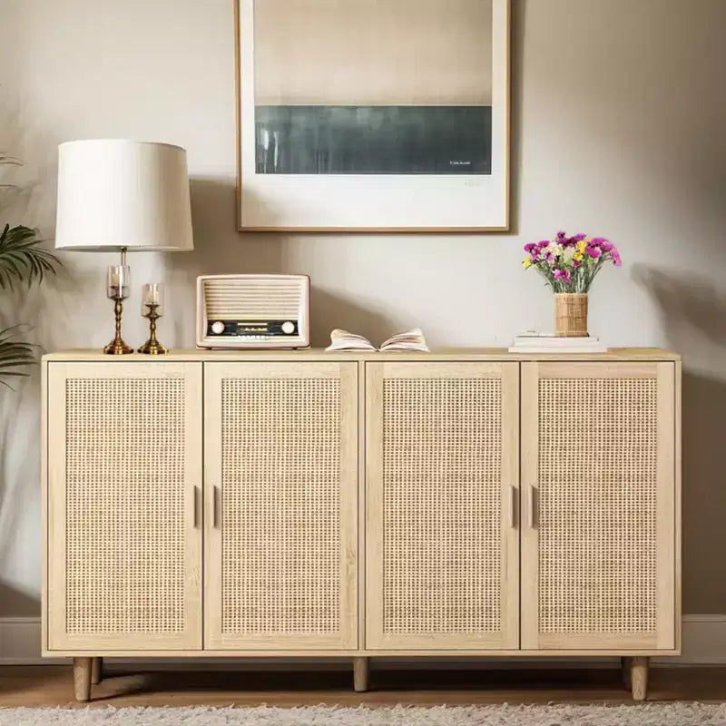 Buffet rustique décoratif en rotin avec 4 portes et étagères réglables, meuble de rangement fonctionnel pour cuisine et salle à manger