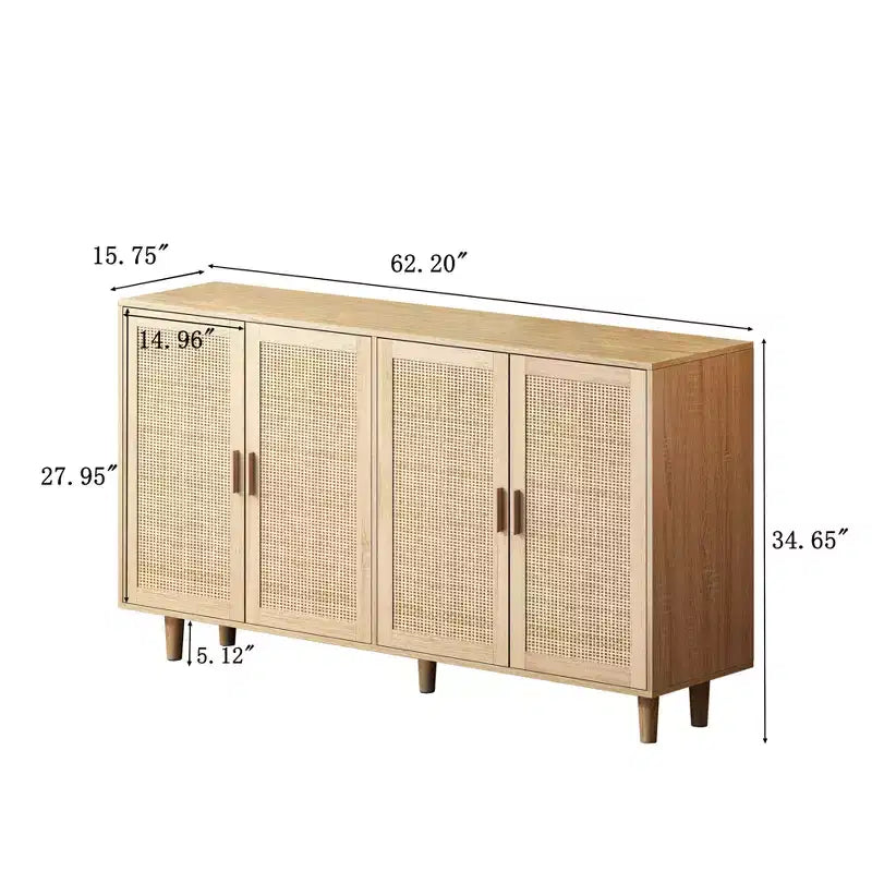 Buffet rustique décoratif en rotin avec 4 portes et étagères réglables, meuble de rangement fonctionnel pour cuisine et salle à manger