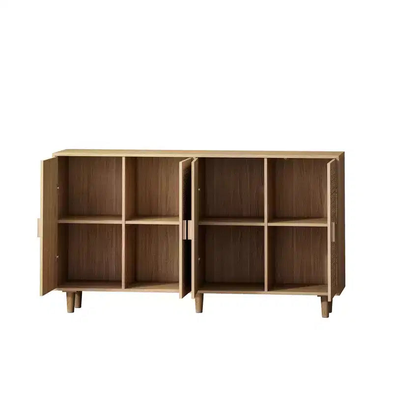 Buffet rustique décoratif en rotin avec 4 portes et étagères réglables, meuble de rangement fonctionnel pour cuisine et salle à manger