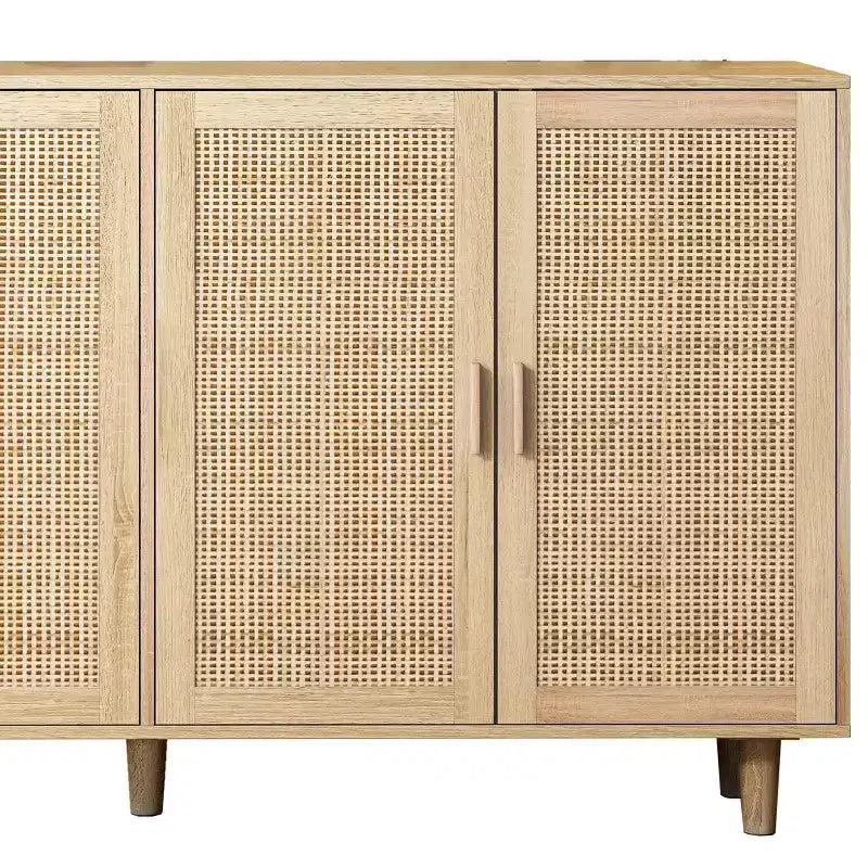 Buffet rustique décoratif en rotin avec 4 portes et étagères réglables, meuble de rangement fonctionnel pour cuisine et salle à manger