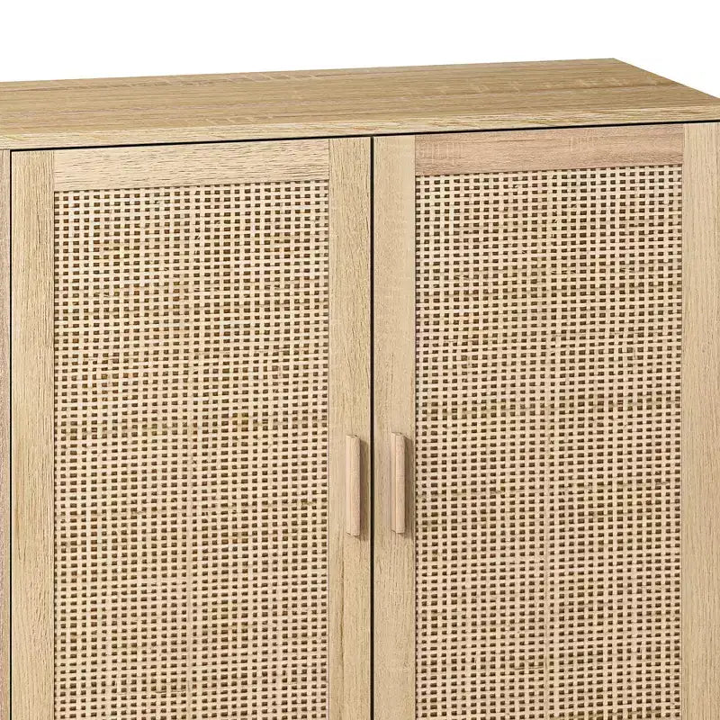 Buffet rustique décoratif en rotin avec 4 portes et étagères réglables, meuble de rangement fonctionnel pour cuisine et salle à manger