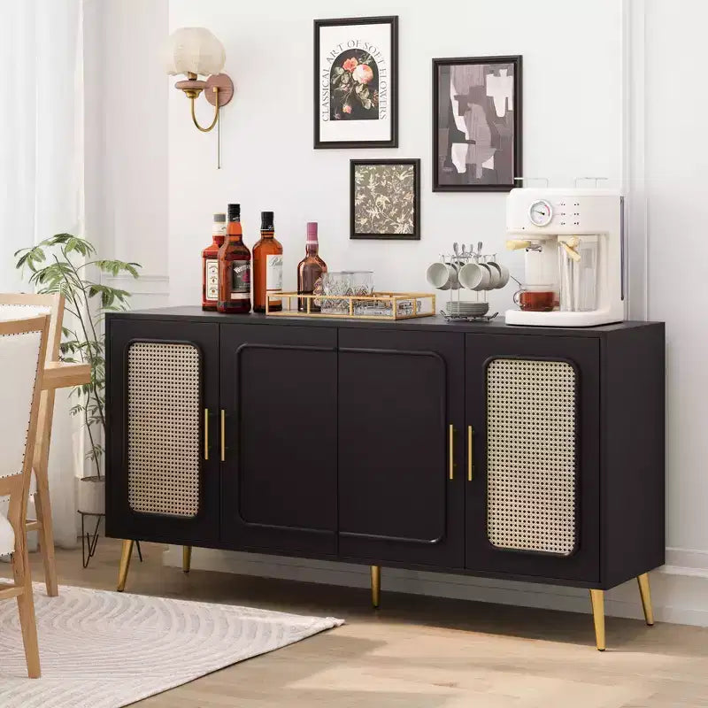 Buffet rustique décoratif en rotin avec 4 portes et étagères réglables, meuble de rangement fonctionnel pour cuisine et salle à manger