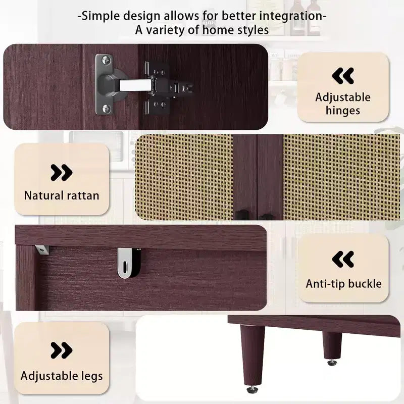 Buffet rustique décoratif en rotin avec 4 portes et étagères réglables, meuble de rangement fonctionnel pour cuisine et salle à manger