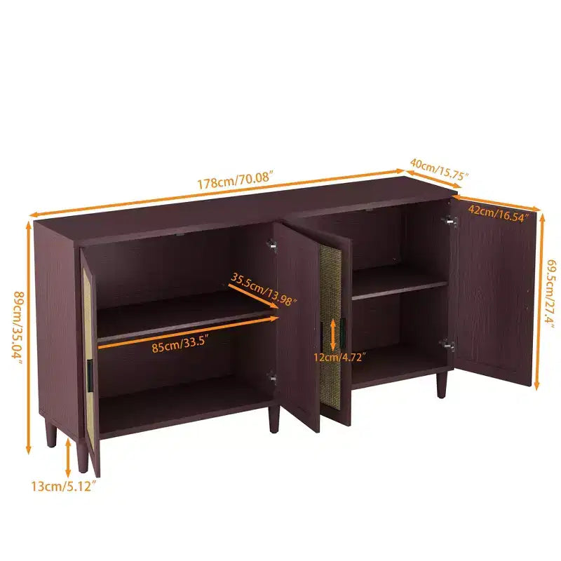 Buffet rustique décoratif en rotin avec 4 portes et étagères réglables, meuble de rangement fonctionnel pour cuisine et salle à manger
