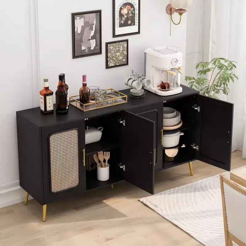 Buffet rustique décoratif en rotin avec 4 portes et étagères réglables, meuble de rangement fonctionnel pour cuisine et salle à manger