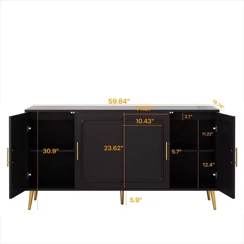 Buffet rustique décoratif en rotin avec 4 portes et étagères réglables, meuble de rangement fonctionnel pour cuisine et salle à manger