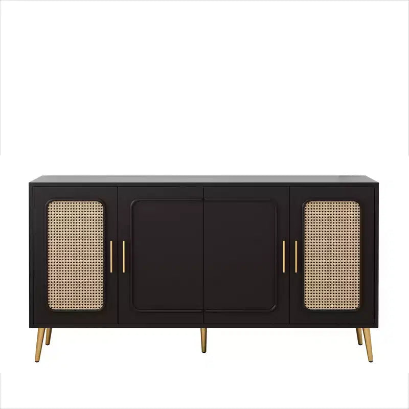 Buffet rustique décoratif en rotin avec 4 portes et étagères réglables, meuble de rangement fonctionnel pour cuisine et salle à manger