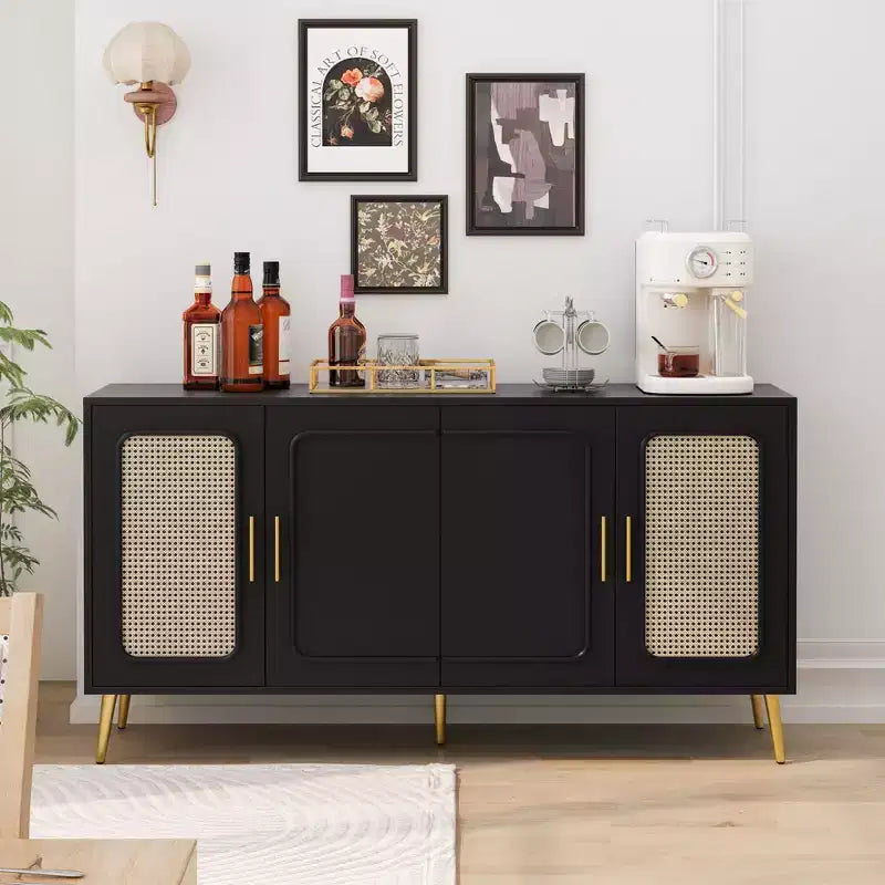 Buffet rustique décoratif en rotin avec 4 portes et étagères réglables, meuble de rangement fonctionnel pour cuisine et salle à manger