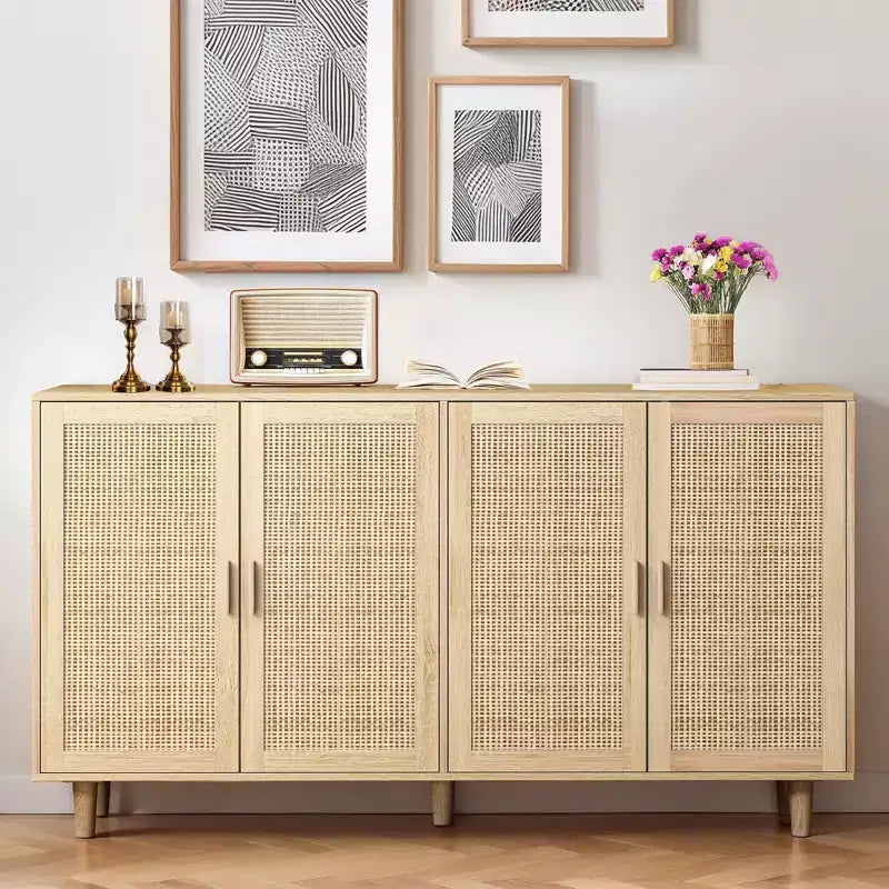 Okak Rustic Rattan Decorative Sideboard Cabinet with 4-Door & Adjustable Shelves, Functional Buffet Cabinet for Kitchen Dining Room