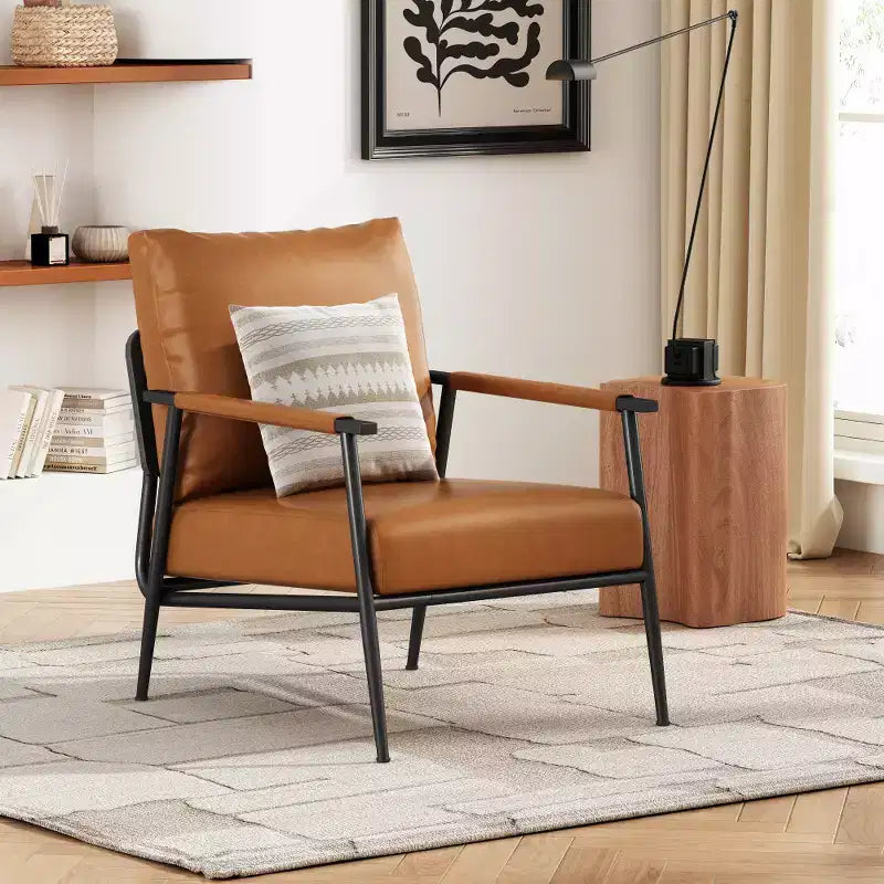 Zeus & Ruta Mid-Century Modern Faux Leather Upholstery Accent Lounge Chair with Padded High Backrest and Metal Frame - Brown
