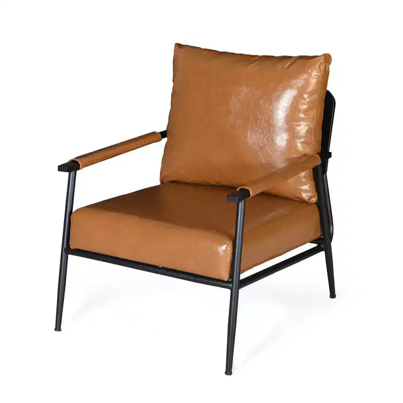 Fauteuil de salon d'appoint en simili-cuir de style Mid-Century Modern avec dossier haut rembourré et structure métallique - Marron